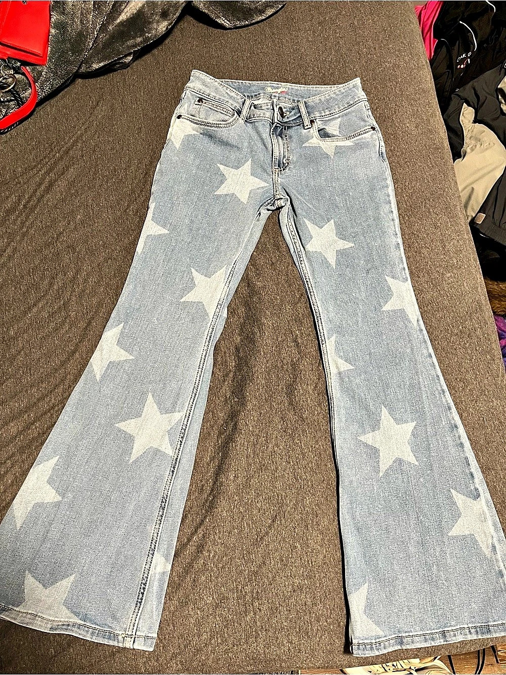 Wrangler Retro Mae Star Print Flare Jeans Star Print Flare Jeans in Blue & White